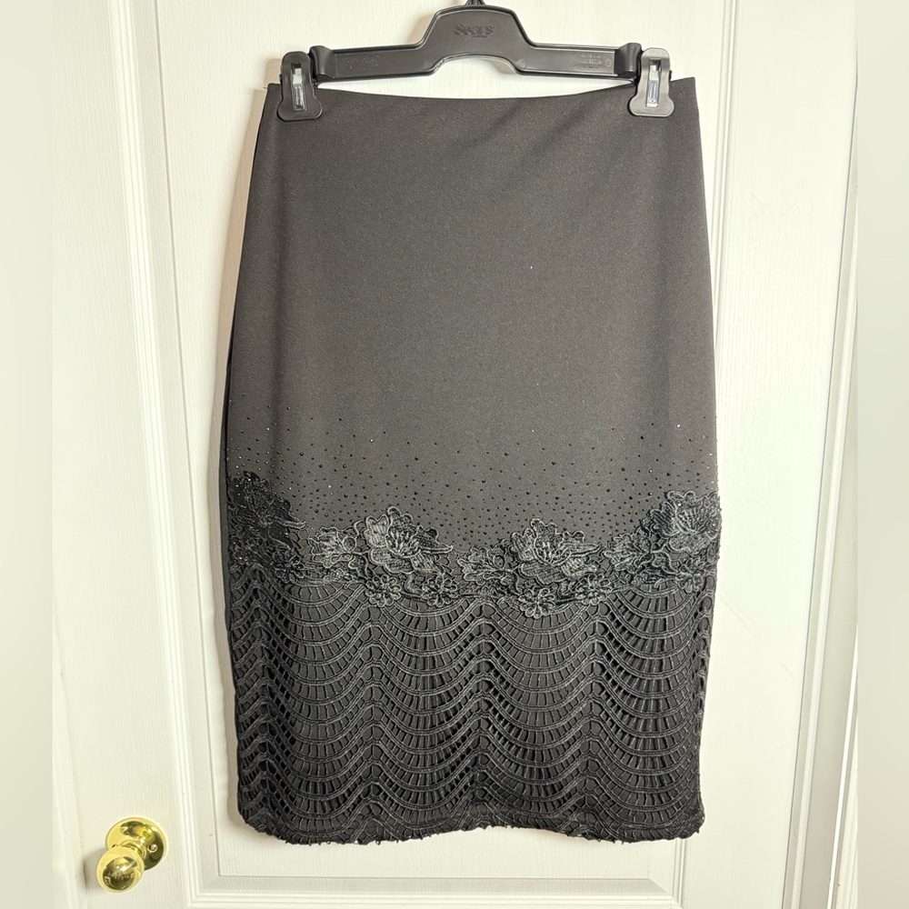 Elegant Black Lace and Crochet Pencil Skirt